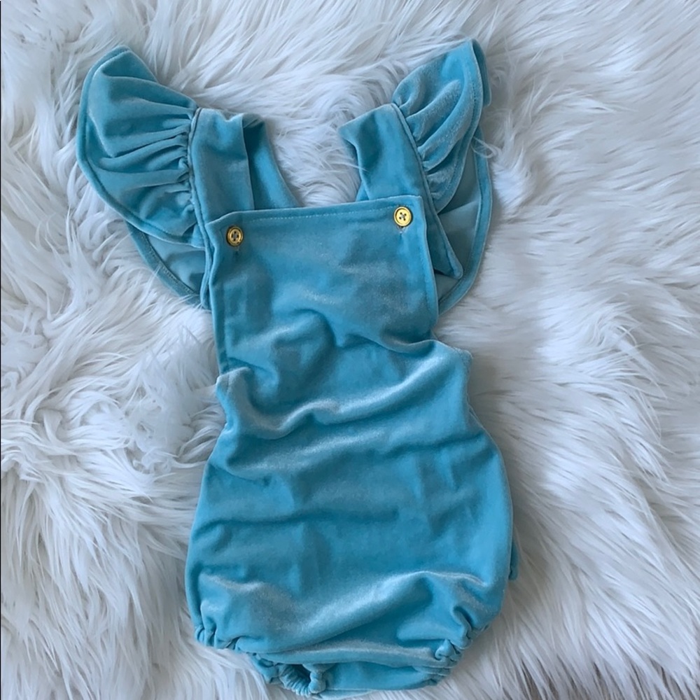 Baby Blue Velvet Ruffle Romper